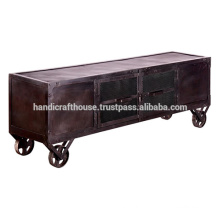 Industrial Dark Metal 4 doors and caster wheels TV stand